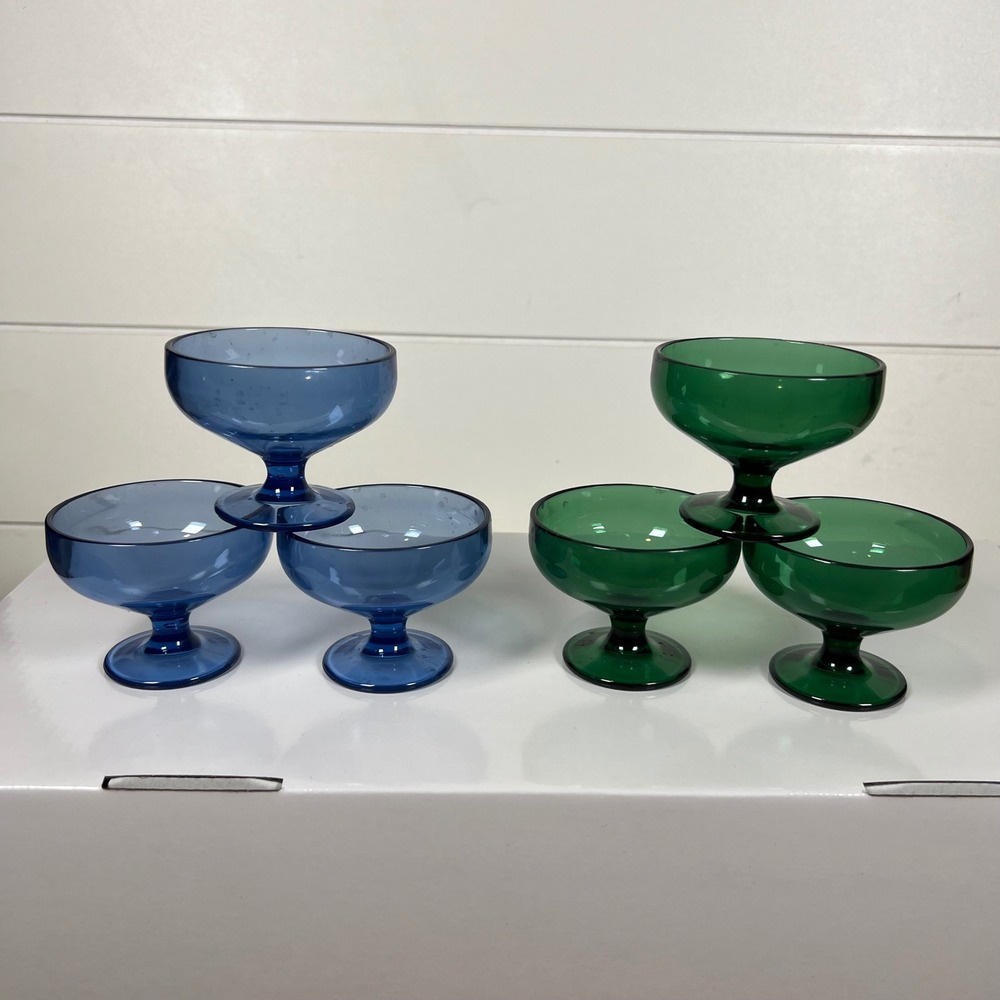 Set of 6 Plastic Footed Dessert Bowls Blue Green Ice Cream Sundae Cups 3.75 inch